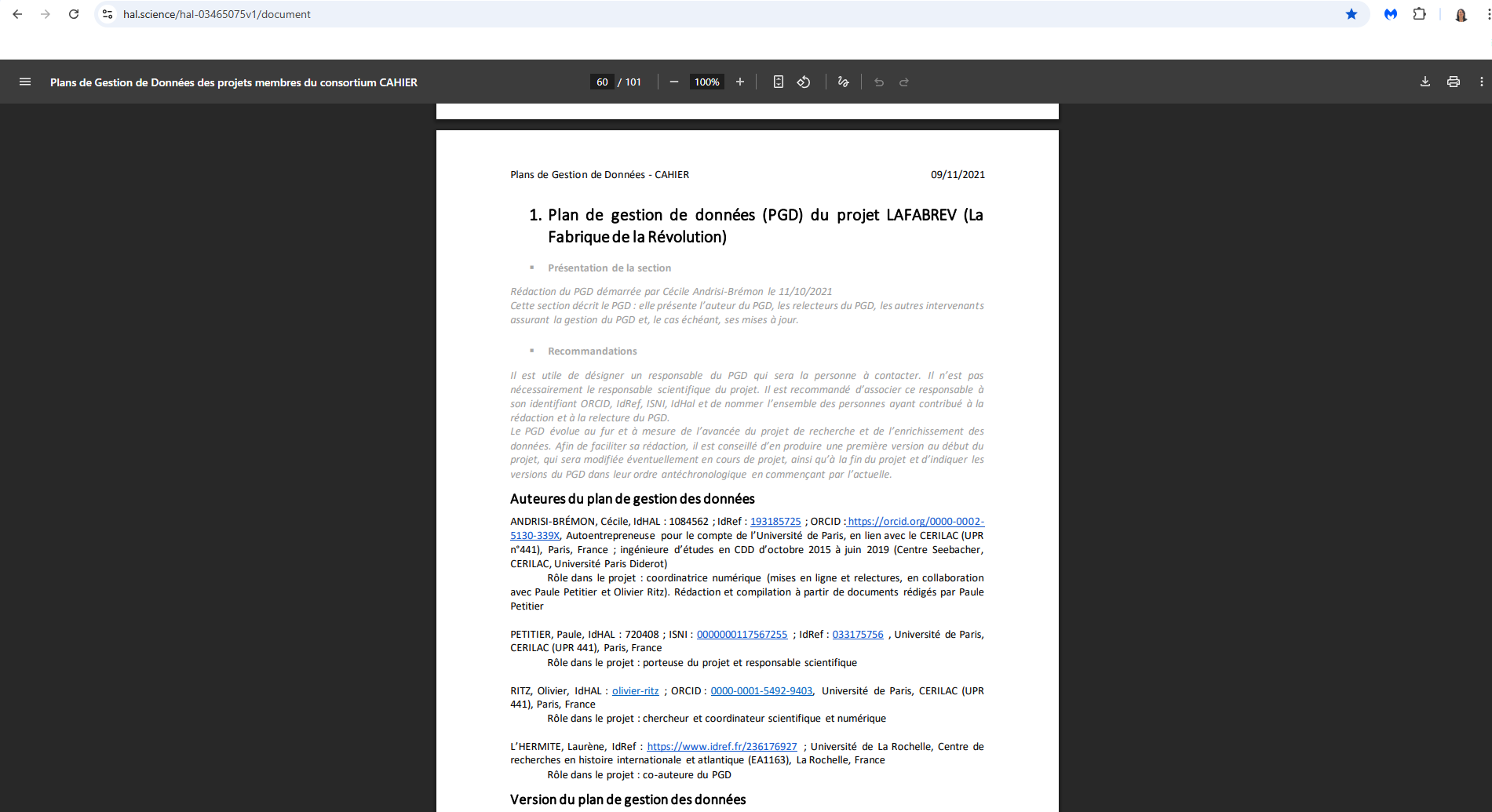 Plan de gestion des données LAFABREV